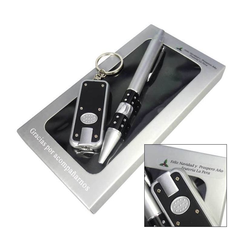 Chaveiro lanterna com caneta em caixa de madeira personalizada