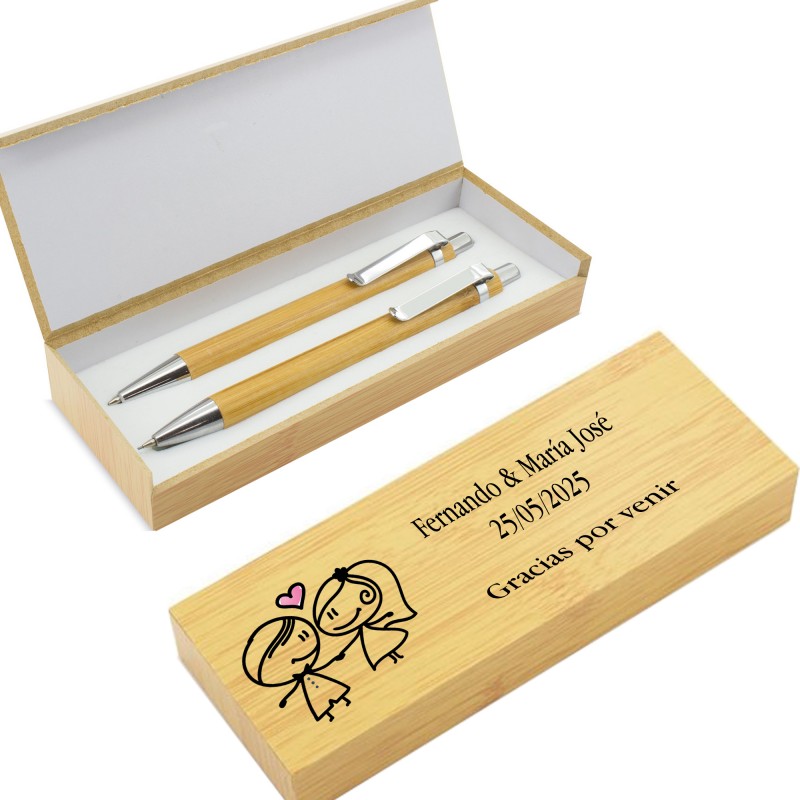 Caneta de bambu e lapiseira em caixa personalizada com nomes e dedicatória