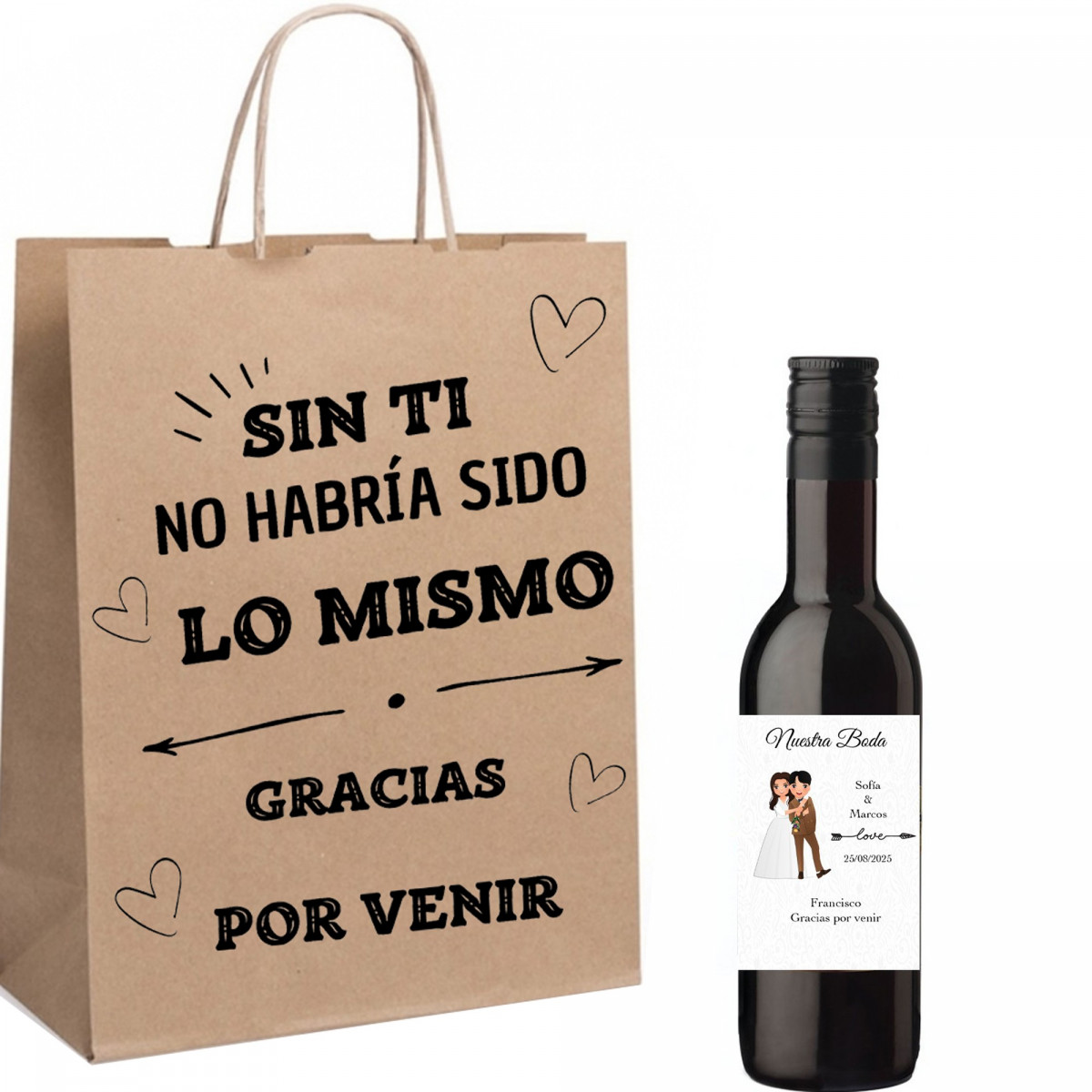 Vinho personalizado com nome do convidado e dos noivos apresentado em bolsa com dedicatória