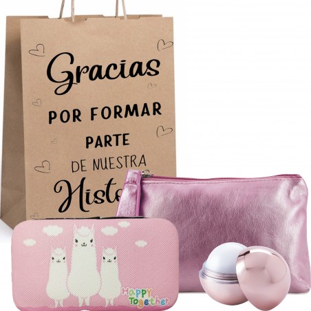 Conjunto de bolsa protetor labial e manicure apresentado em bolsa kraft