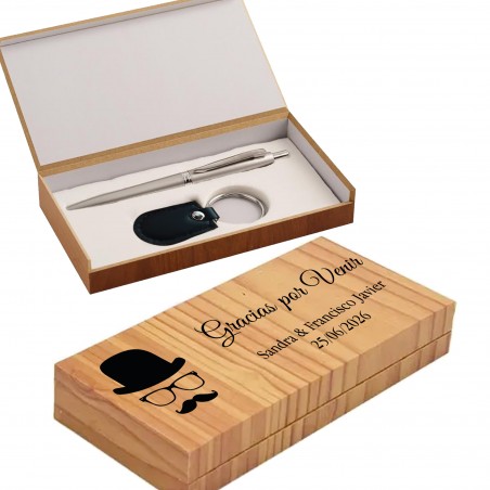 Caneta e chaveiro em caixa de madeira personalizada