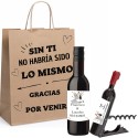 Botelha de vinho personalizada com saca-rolhas personalizado apresentado em bolsa kraft com frase