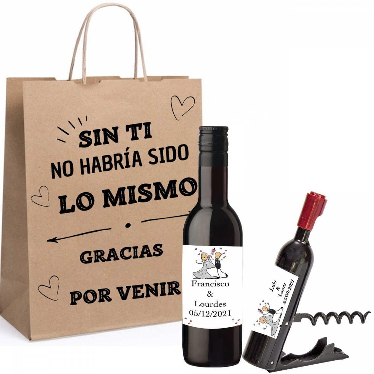 Botelha de vinho personalizada com saca-rolhas personalizado apresentado em bolsa kraft com frase