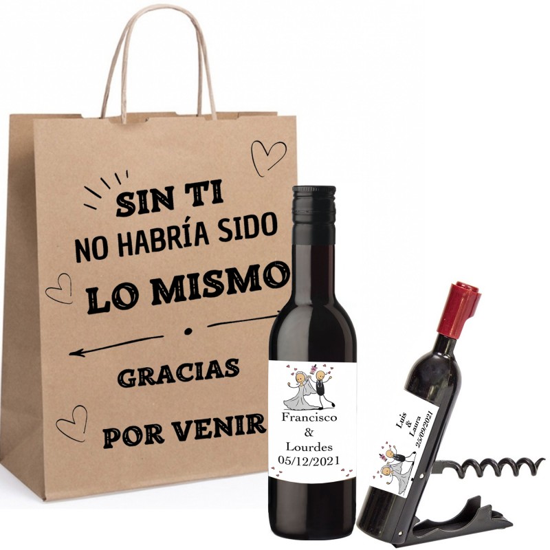 Botelha de vinho personalizada com saca-rolhas personalizado apresentado em bolsa kraft com frase