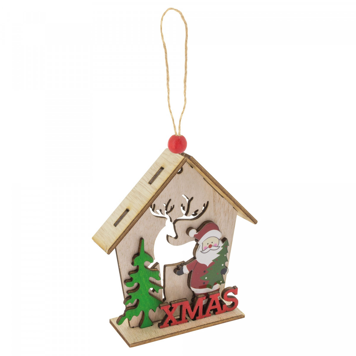 Enfeite de Natal com casinha de madeira e penduricalho