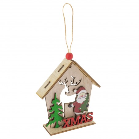 Enfeite de Natal com casinha de madeira e penduricalho