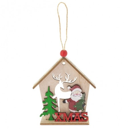 Enfeite de Natal com casinha de madeira e penduricalho