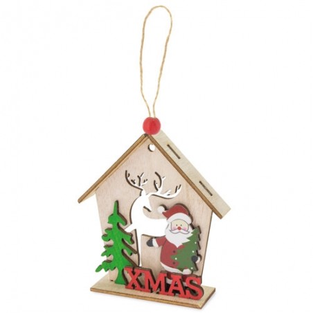 Enfeite de Natal com casinha de madeira e penduricalho