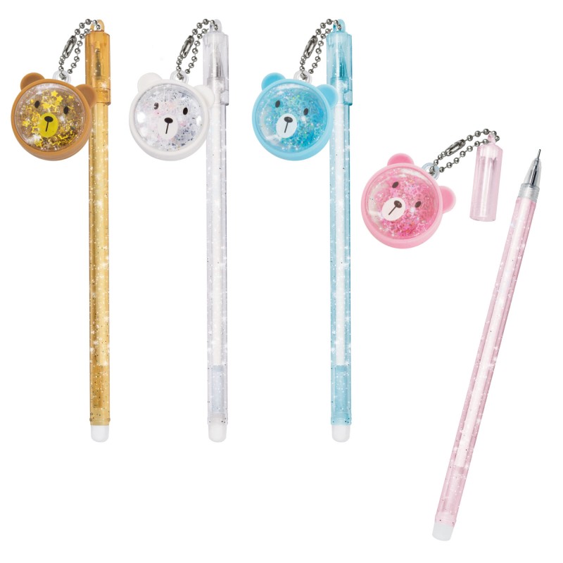 Caneta infantil com corpo glitter e pingente de urso