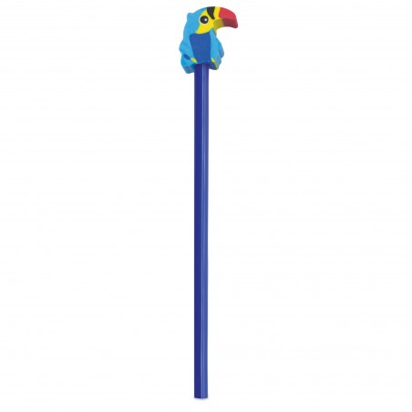 Lápis de cor azul com borracha em forma de papagaio
