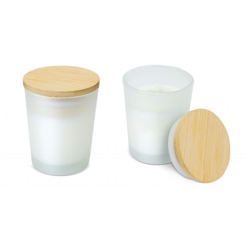 Vela de cristal em jarro com tampa de bambu e aromática