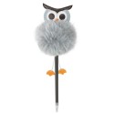 Caneta com pompom na cor cinza em forma de coruja