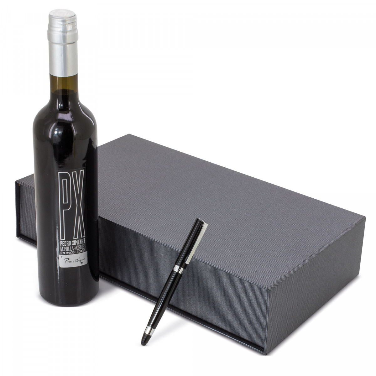 Garrafa de vinho Pedro Ximenez com caneta preta Pierre Cardin apresentada em estojo