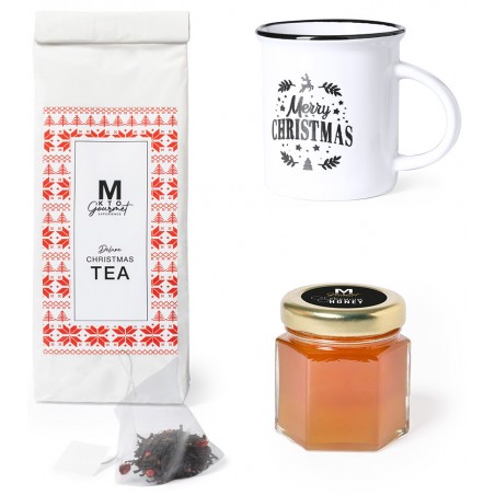 Caixa de presente gourmet de natal com chá e mel