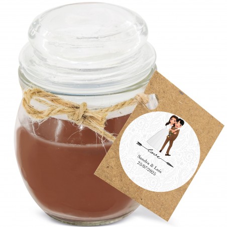 Vela com aroma de café personalizada com adesivo de casamento com nomes e data