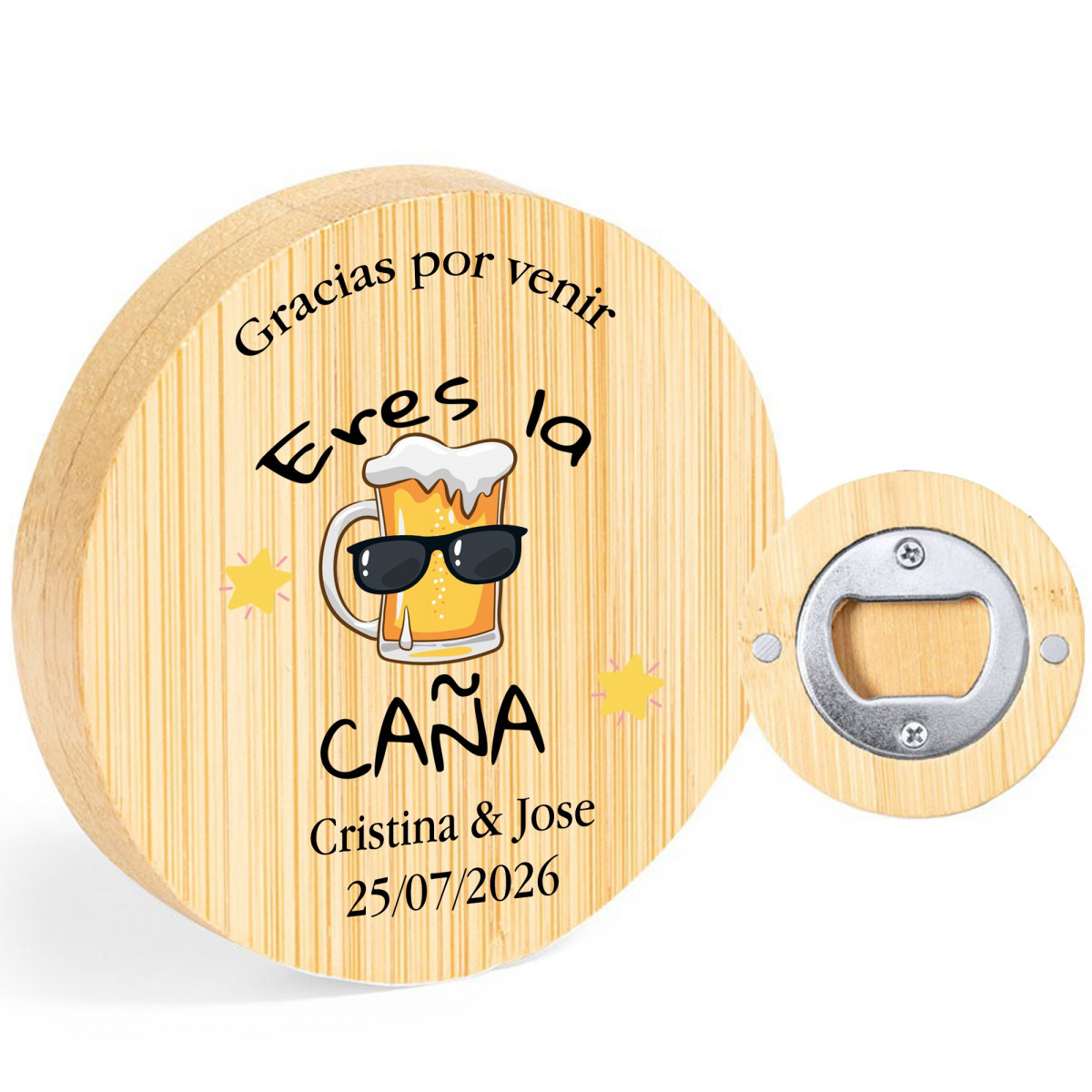 Abridor personalizado com frase de agradecimento nome e data com design de caneca de cerveja