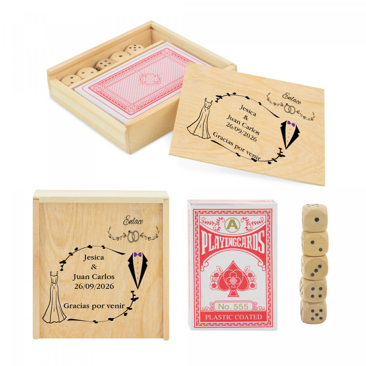 Baralho de cartas e dados em caixa de madeira personalizada com nomes, data e frase de agradecimento