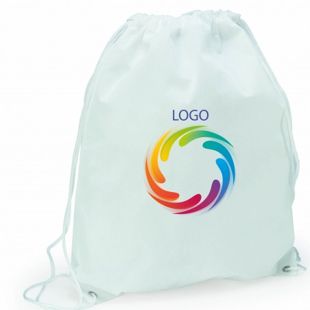 Mochila branca com logo ou foto impressa em cores e texto personalizado