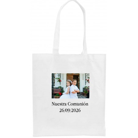 Bolsa personalizada com logotipo ou foto colorida e texto para casamentos, batizados, comunhões e aniversários.