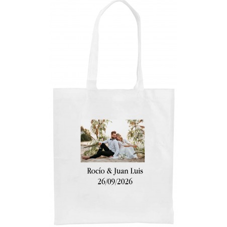 Bolsa personalizada com logotipo ou foto colorida e texto para casamentos, batizados, comunhões e aniversários.