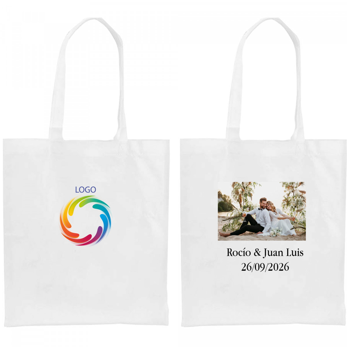Bolsa personalizada com logotipo ou foto colorida e texto para casamentos, batizados, comunhões e aniversários.