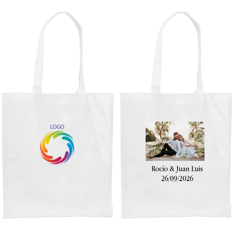 Bolsa personalizada com logotipo ou foto colorida e texto para casamentos, batizados, comunhões e aniversários.