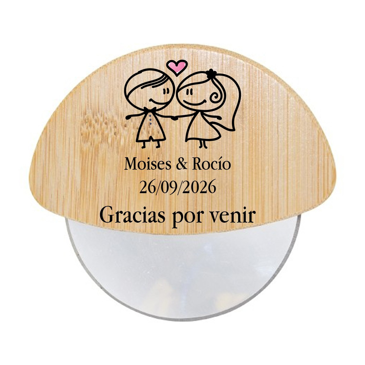 Cortador de pizza personalizado para casamento com frase e nomes
