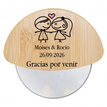 Cortador de pizza personalizado para casamento com frase e nomes