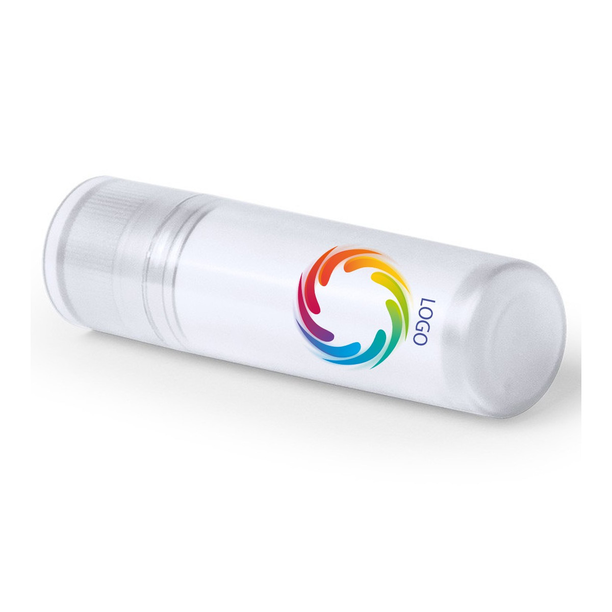 Bálsamo labial branco personalizado com logo e texto em cores