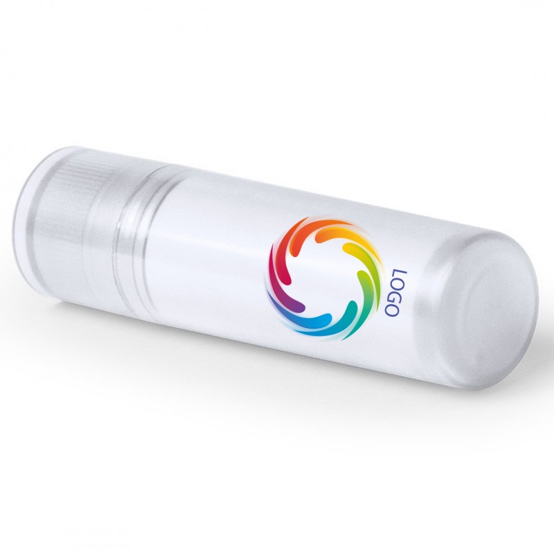 Bálsamo labial branco personalizado com logo e texto em cores