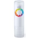 Bálsamo labial branco personalizado com logo e texto em cores
