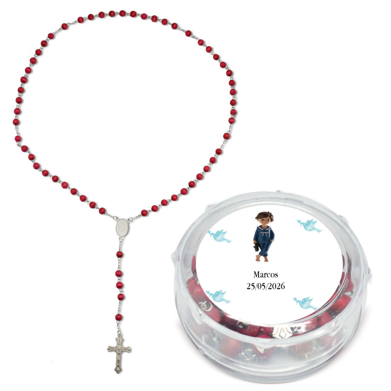 Rosário perfumado apresentado em caixa transparente personalizada com adesivo de menino comunhão Rosário perfumado apresentado em caixa transparente personalizada com adesivo de menino comunhão