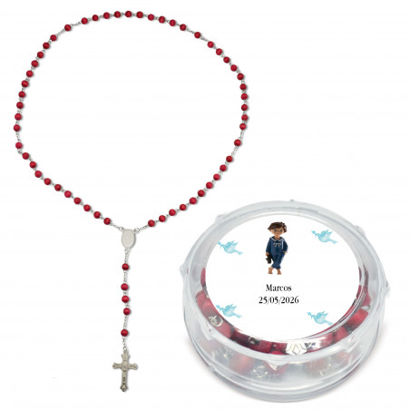 Rosário perfumado apresentado em caixa transparente personalizada com adesivo de menino comunhão