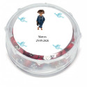 Rosário perfumado apresentado em caixa transparente personalizada com adesivo de menino comunhão
