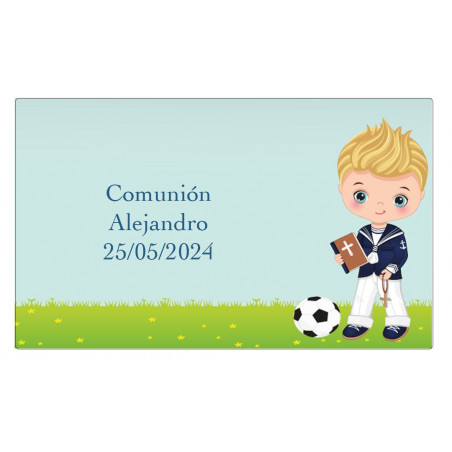 Saca-rolhas personalizado com adesivo de menino da comunhão em bolsa de organza azul elétrico
