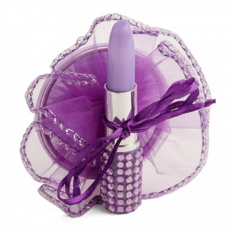 Espelho unicórnio com caneta batom em bolsa de organza lilás