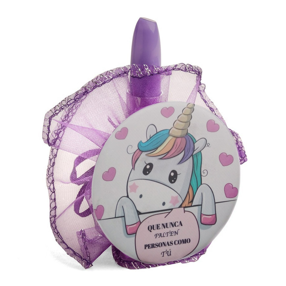 Espelho unicórnio com caneta batom em bolsa de organza lilás
