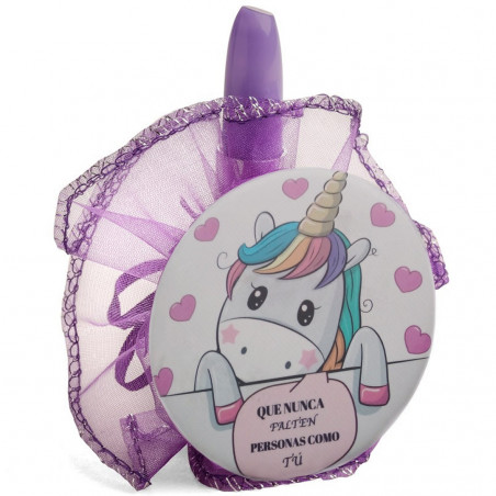 Espelho unicórnio com caneta batom em bolsa de organza lilás