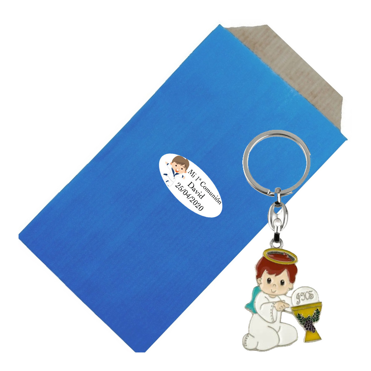 Chaveiro menino comunhão em envelope kraft personalizado com adesivo