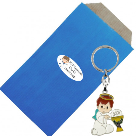 Chaveiro menino comunhão em envelope kraft personalizado com adesivo
