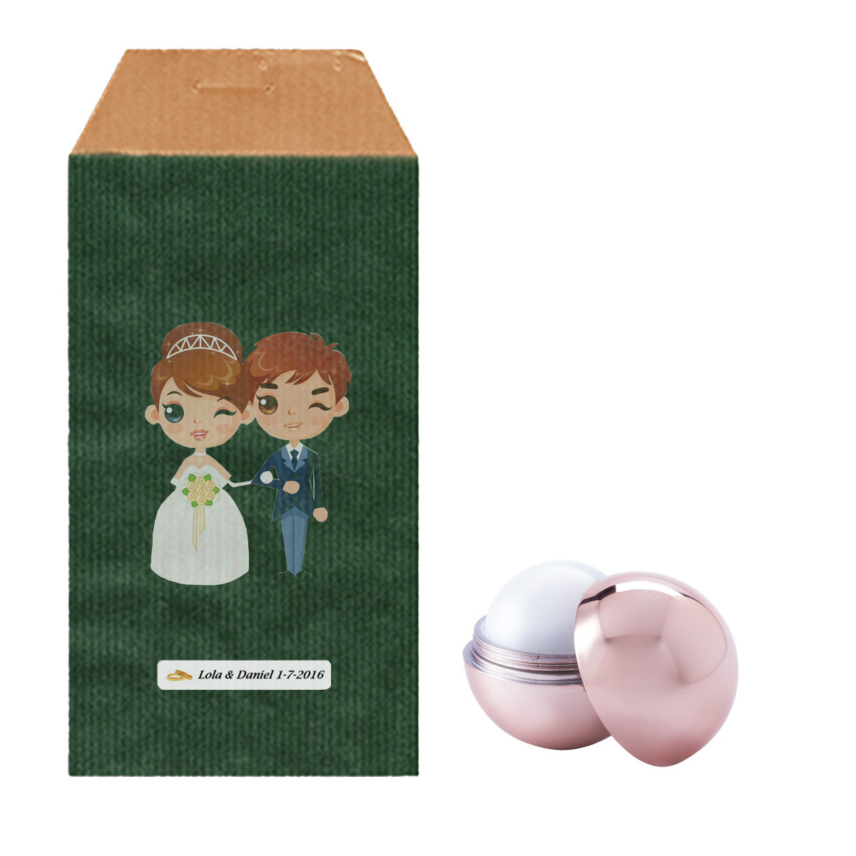 Esfera de protetor labial com envelope kraft verde e adesivos de casamento