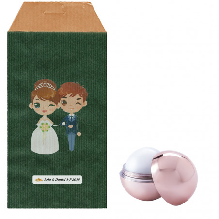 Bálsamo labial Sphere com envelope kraft verde e adesivos de casamento personalizados