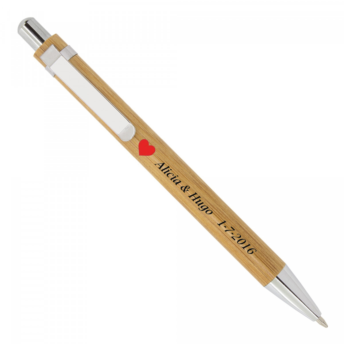 Caneta de bambu personalizada com adesivo de coração