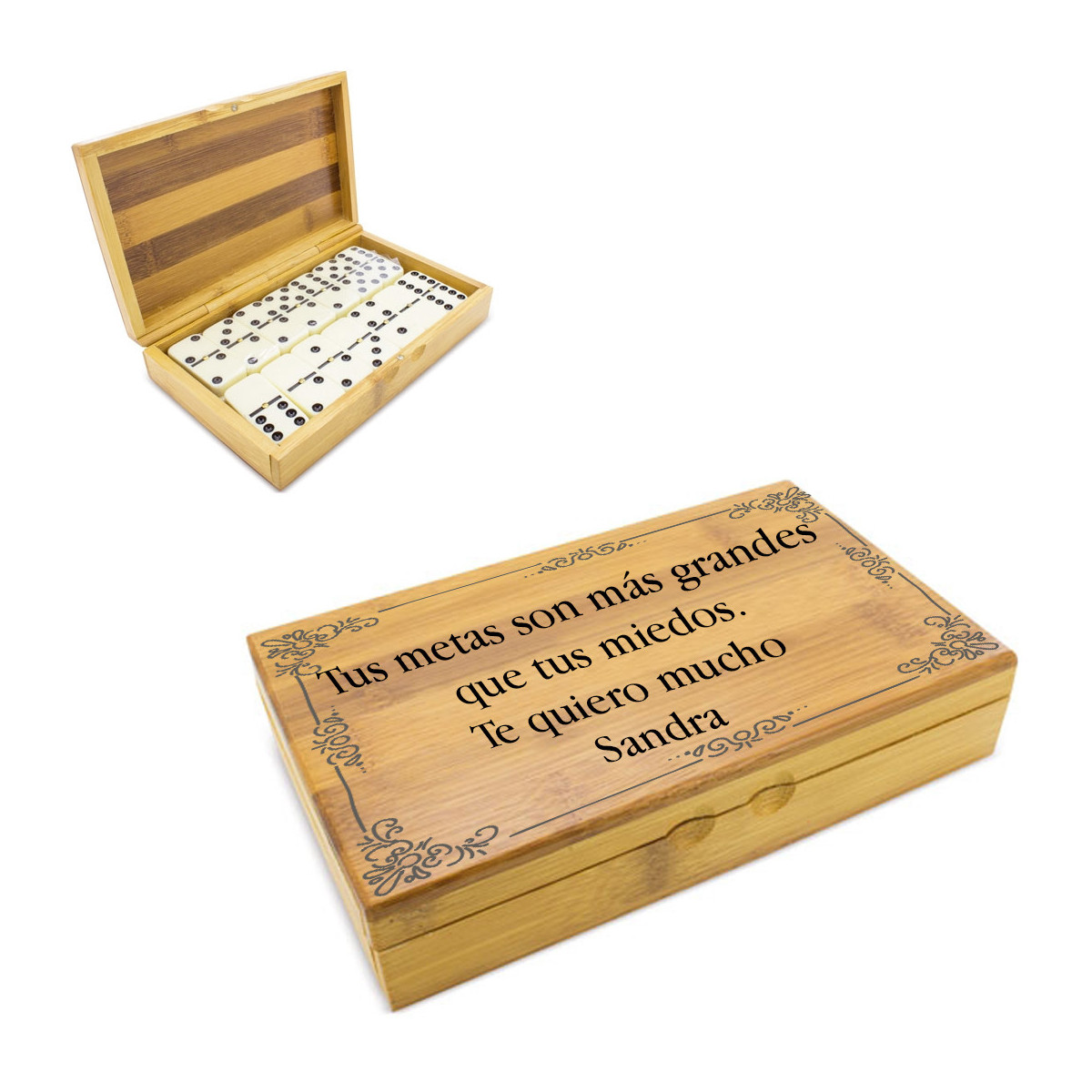 Dominó personalizado com frase em caixa de bambu