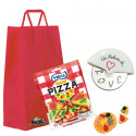Cortador de pizza original apresentado em saco kraf com doces em formato de pizza