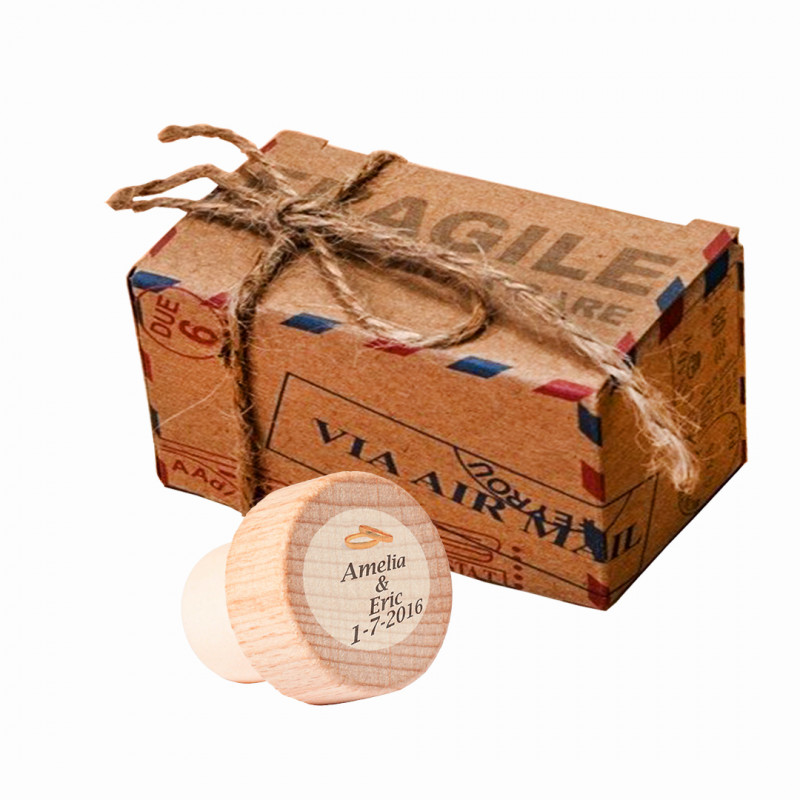 Rolha hermética para garrafa de vinho com adesivo personalizado em caixa de papelão lacrada