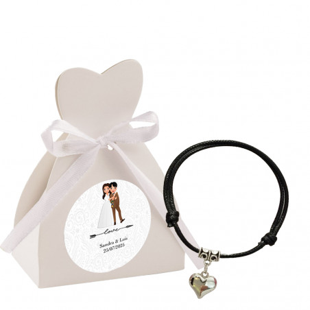 Pulseira de cordão ajustável com coração de metal em caixa personalizada com adesivo de noivos