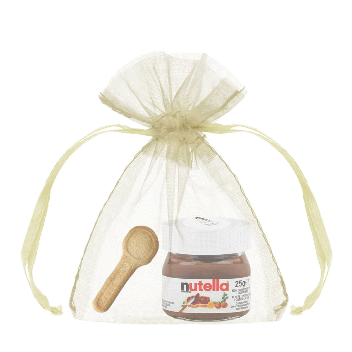 Pote de nutella com colher de biscoito em saco de organza e personalizado com adesivo