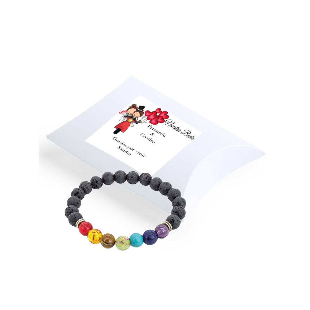Pulseiras de pedras de chakra em caixa de papelão branca com adesivo personalizado