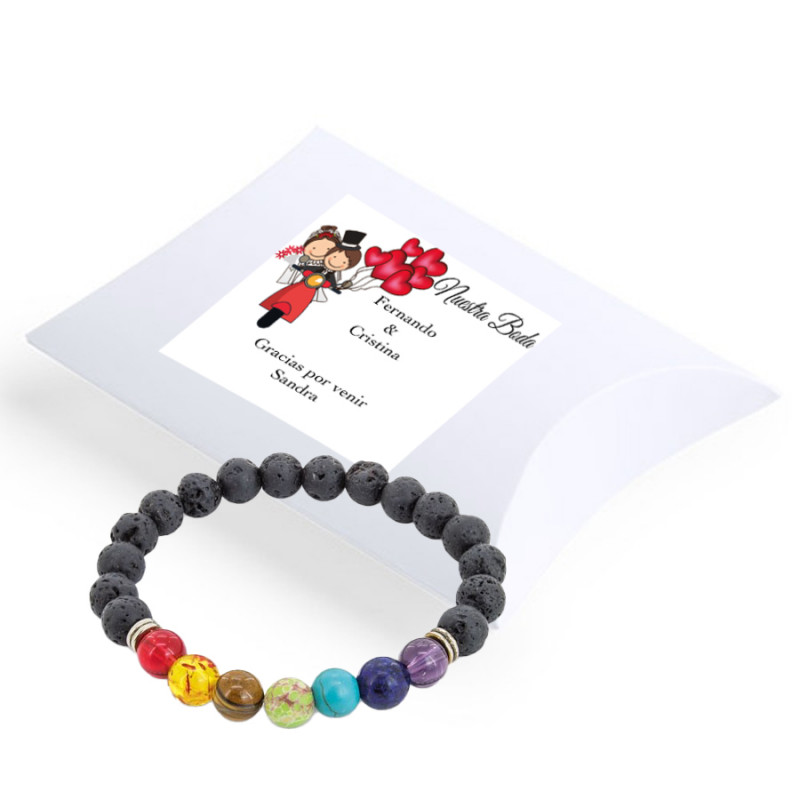 Pulseiras de pedras de chakra em caixa de papelão branca com adesivo personalizado